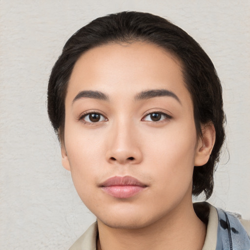 Neutral asian young-adult female with short  black hair and brown eyes