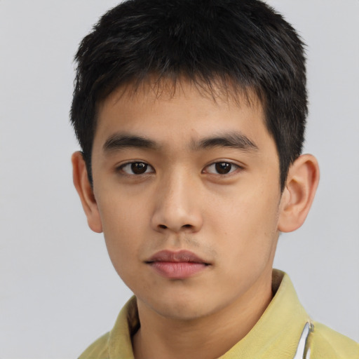 Neutral asian young-adult male with short  brown hair and brown eyes