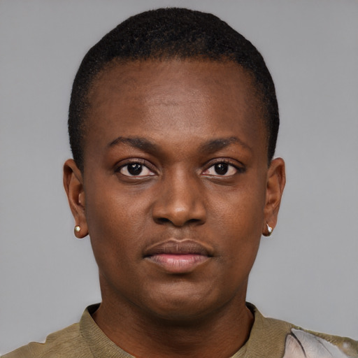 Neutral black young-adult female with short  black hair and brown eyes