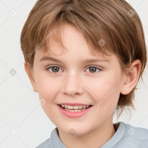 Joyful white child female with medium  brown hair and grey eyes