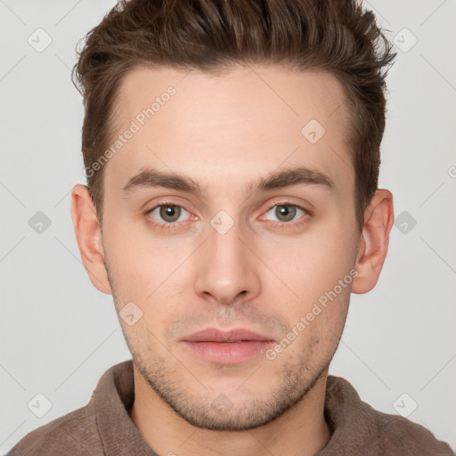 Neutral white young-adult male with short  brown hair and brown eyes