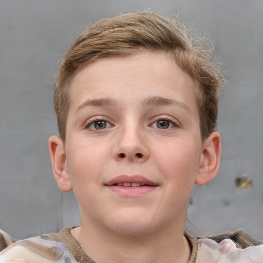 Joyful white child female with short  brown hair and grey eyes