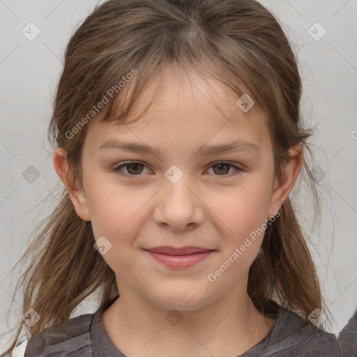 Joyful white child female with medium  brown hair and brown eyes