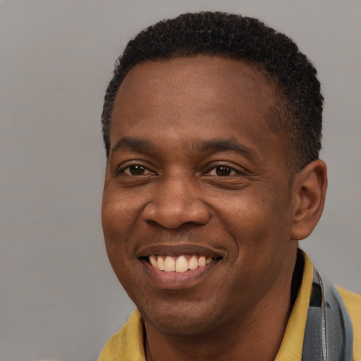 Joyful black adult male with short  brown hair and brown eyes
