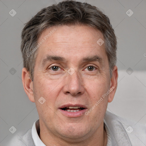 Joyful white middle-aged male with short  brown hair and brown eyes