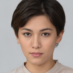 Neutral white young-adult female with short  brown hair and brown eyes