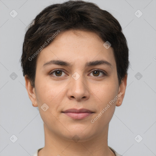 Joyful white young-adult female with short  brown hair and brown eyes