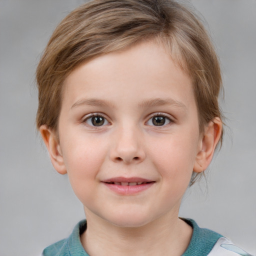 Joyful white child female with medium  brown hair and grey eyes