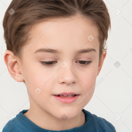 Joyful white child female with short  brown hair and brown eyes