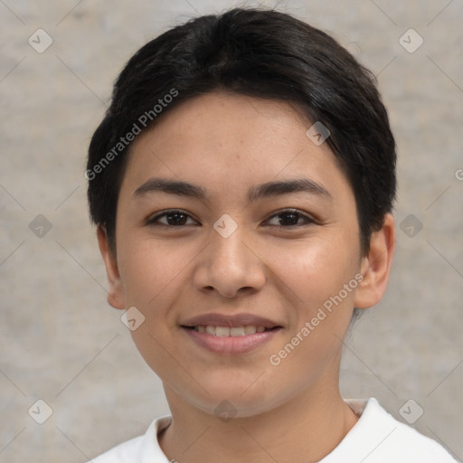 Joyful asian young-adult female with short  black hair and brown eyes