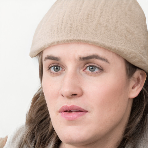 Neutral white young-adult female with long  brown hair and grey eyes