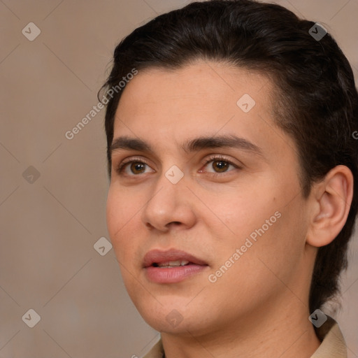 Joyful white young-adult male with medium  brown hair and brown eyes