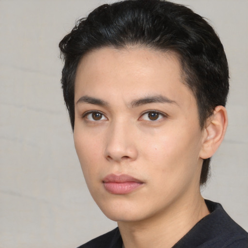 Neutral white young-adult female with short  black hair and brown eyes