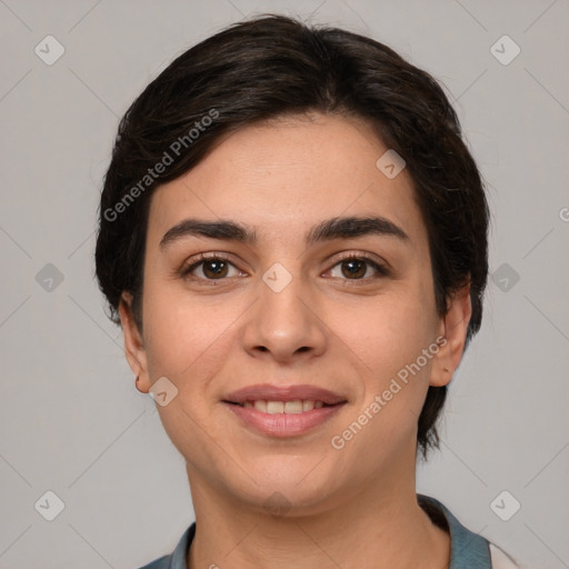 Joyful white young-adult female with short  brown hair and brown eyes