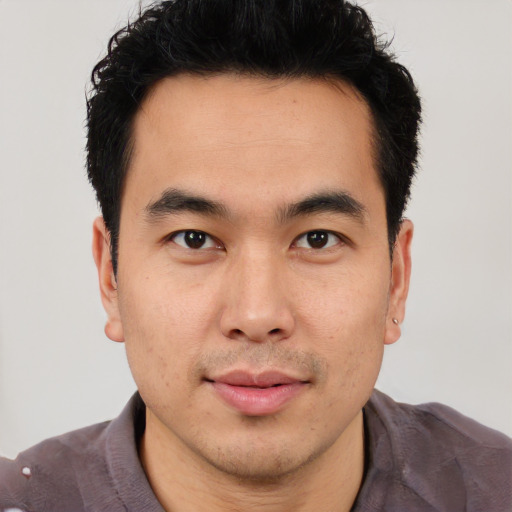 Neutral asian young-adult male with short  brown hair and brown eyes