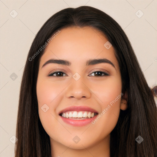 Joyful white young-adult female with long  brown hair and brown eyes