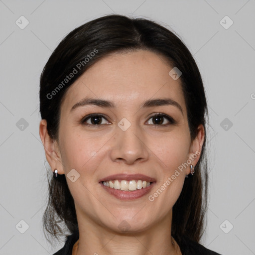 Joyful white young-adult female with medium  brown hair and brown eyes