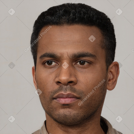 Neutral black young-adult male with short  black hair and brown eyes