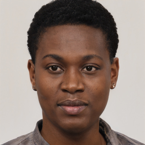 Neutral black young-adult female with short  black hair and brown eyes