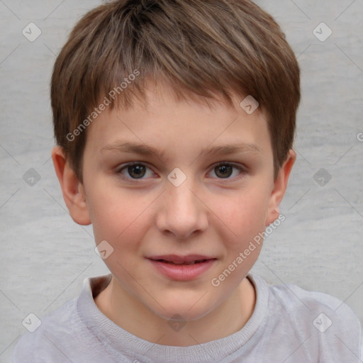 Joyful white child female with short  brown hair and brown eyes