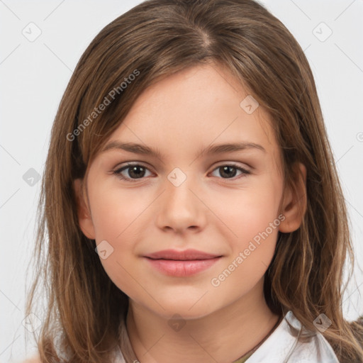 Joyful white child female with medium  brown hair and brown eyes