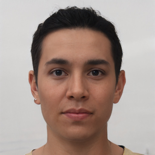 Neutral asian young-adult male with short  black hair and brown eyes