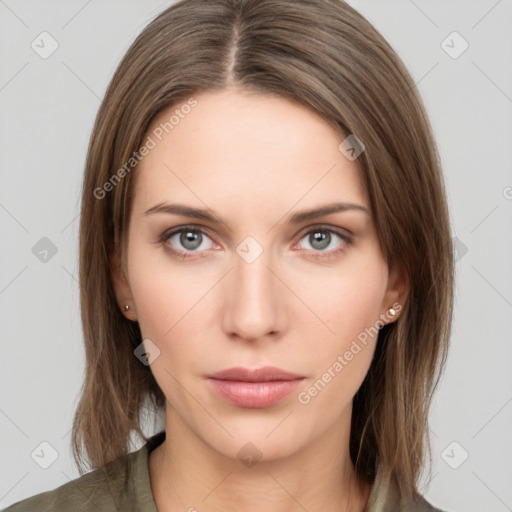 Neutral white young-adult female with medium  brown hair and grey eyes