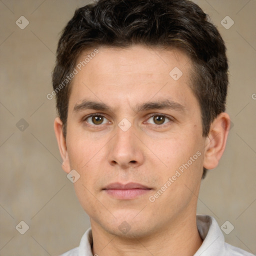 Neutral white young-adult male with short  brown hair and brown eyes