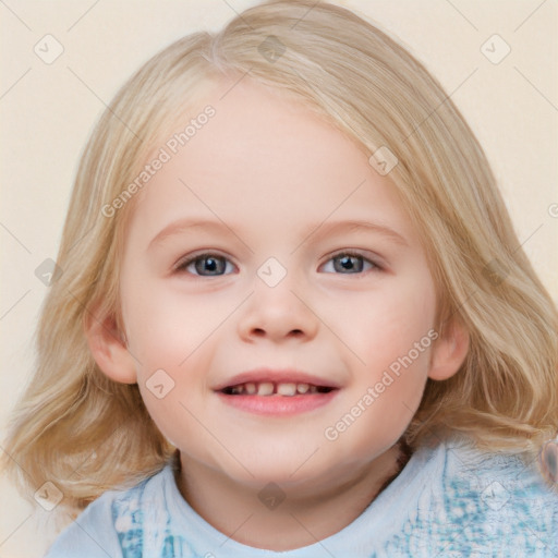 Joyful white child female with medium  brown hair and blue eyes