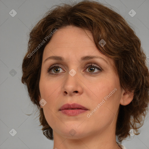 Joyful white young-adult female with medium  brown hair and green eyes