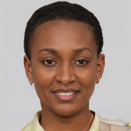 Joyful black young-adult female with short  brown hair and brown eyes