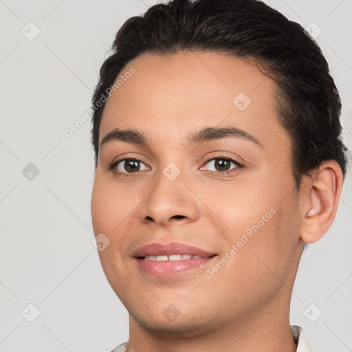 Joyful white young-adult female with short  brown hair and brown eyes