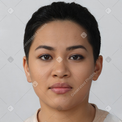 Neutral latino young-adult female with short  black hair and brown eyes