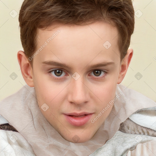 Joyful white child male with short  brown hair and brown eyes