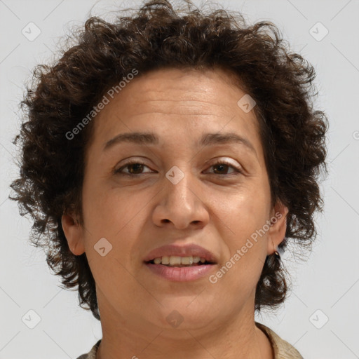 Joyful white adult female with short  brown hair and brown eyes