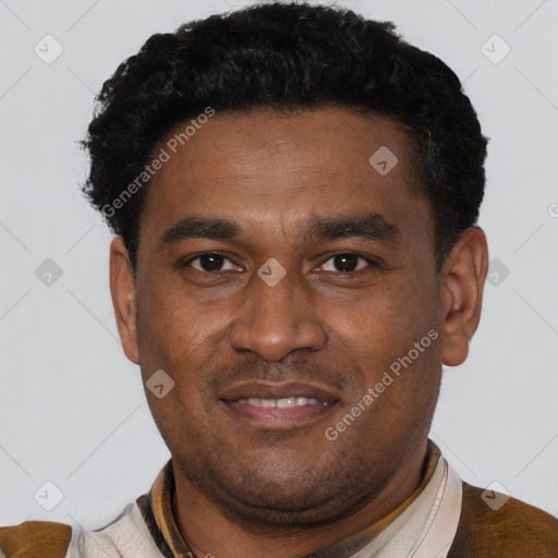 Joyful latino adult male with short  black hair and brown eyes