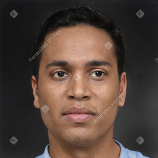 Neutral latino young-adult male with short  black hair and brown eyes