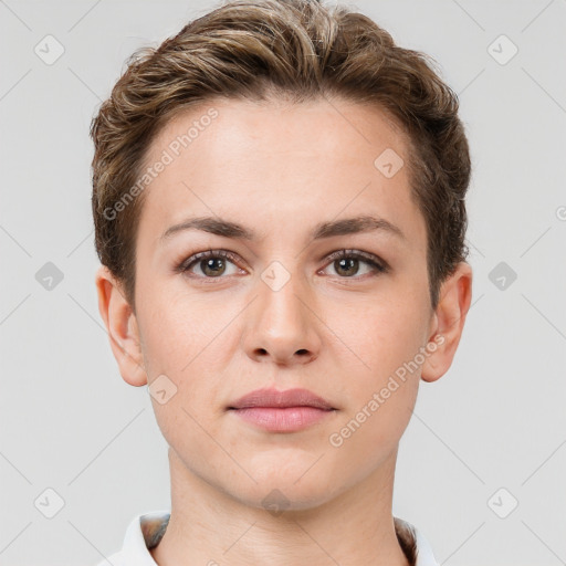 Neutral white young-adult female with short  brown hair and brown eyes