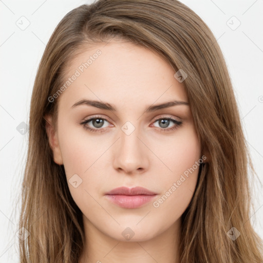 Neutral white young-adult female with long  brown hair and brown eyes