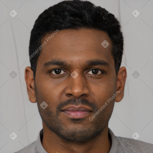 Neutral latino young-adult male with short  black hair and brown eyes