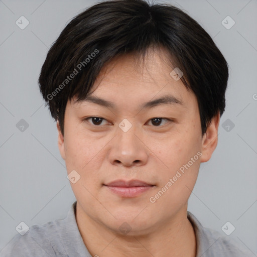 Joyful asian young-adult male with short  brown hair and brown eyes