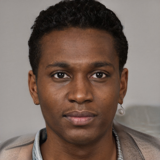 Neutral black young-adult male with short  black hair and brown eyes