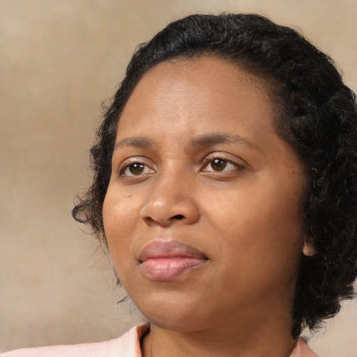 Joyful black adult female with medium  black hair and brown eyes