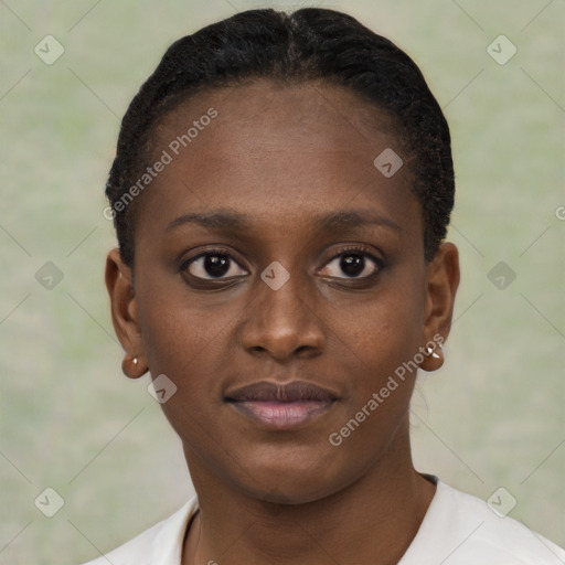 Neutral black young-adult female with short  brown hair and brown eyes