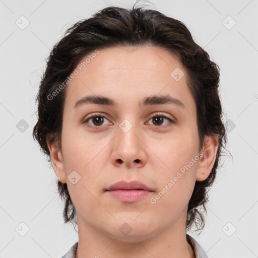 Neutral white young-adult female with medium  brown hair and brown eyes