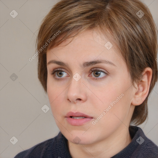 Neutral white young-adult female with medium  brown hair and brown eyes