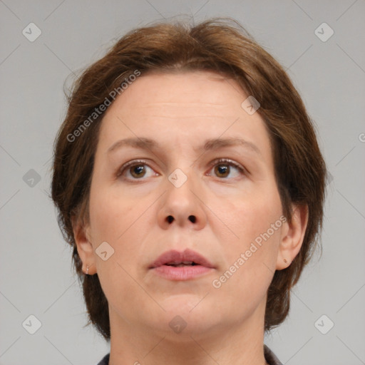 Neutral white adult female with medium  brown hair and brown eyes