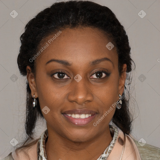 Joyful latino young-adult female with long  brown hair and brown eyes