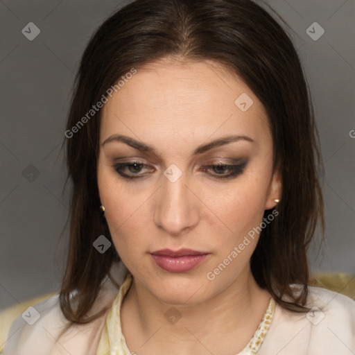 Neutral white young-adult female with medium  brown hair and brown eyes