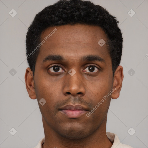 Neutral black young-adult male with short  black hair and brown eyes